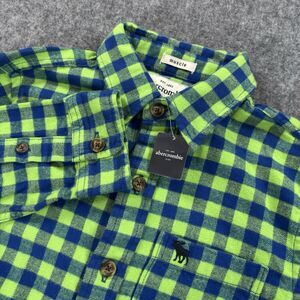 Abercrombie & Fitch Shirt Kids XL Flannel Button Up Neon Green Blue Plaid